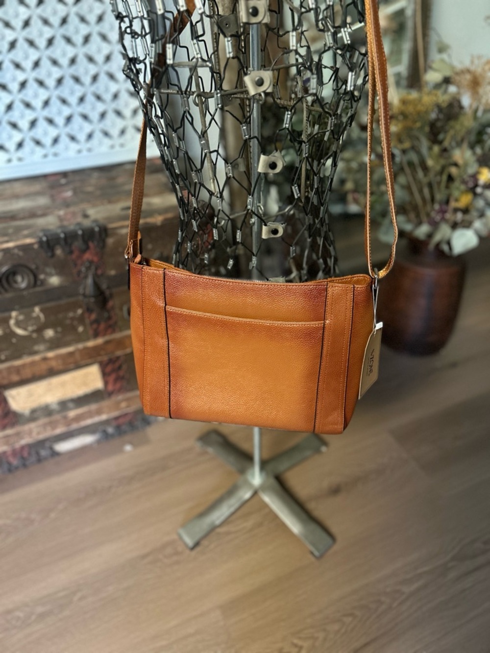 Structured S-Zone Tan Leather Crossbody Bag with Front Slip Pocket